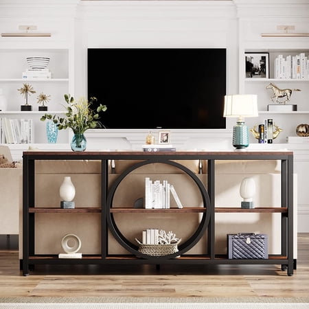 Tribesigns Extra Long Console Table, 70.9 inch Narrow Sofa Tables with 3 Tier Wood Storage Shelves Industrial Metal Frame for Entryway Hallway Living Room Behind Couch, Rustic Brown Black