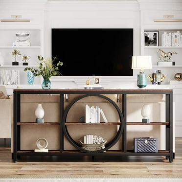 Tribesigns Extra Long Console Table, 70.9 inch Narrow Sofa Tables with 3 Tier Wood Storage Shelves Industrial Metal Frame for Entryway Hallway Living Room Behind Couch, Rustic Brown Black