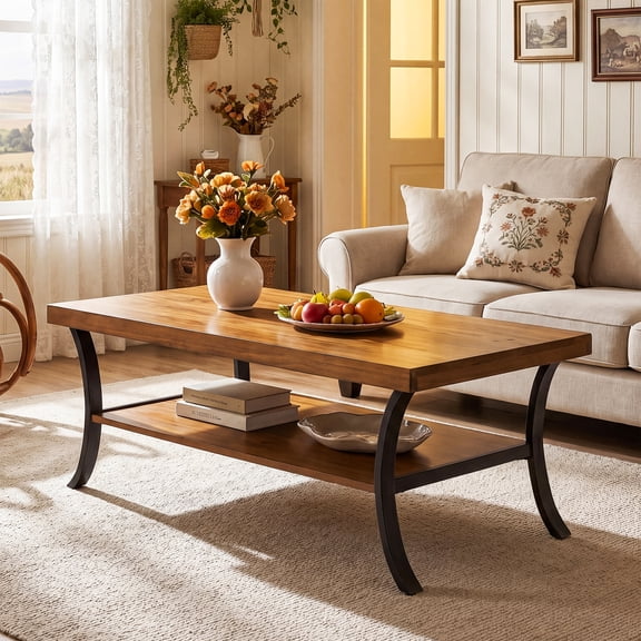 Tribesigns Farmhouse Coffee Table, 2-Tier Rectangular Wood Coffee Table with Storage Shelf & Curved Metal Legs, 47" Center Table for Home Office