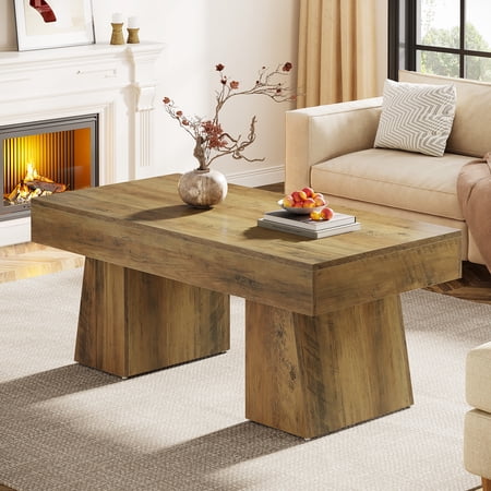 Finmind Farmhouse Coffee Table, 47" Wood Accent Center Tables for Living Room, Rustic Brown