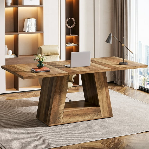 Tribesigns Farmhouse Computer Desk, 63 inch Wooden Study Writing Table with Sturdy Base for Home Office, Rustic Brown