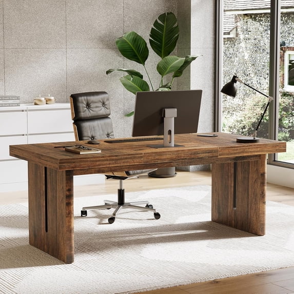 Tribesigns Farmhouse Computer Desk, 70.8 inch Executive Office Desk with Solid Legs, Wooden Study Writing Table for Home Office, Rustic Brown