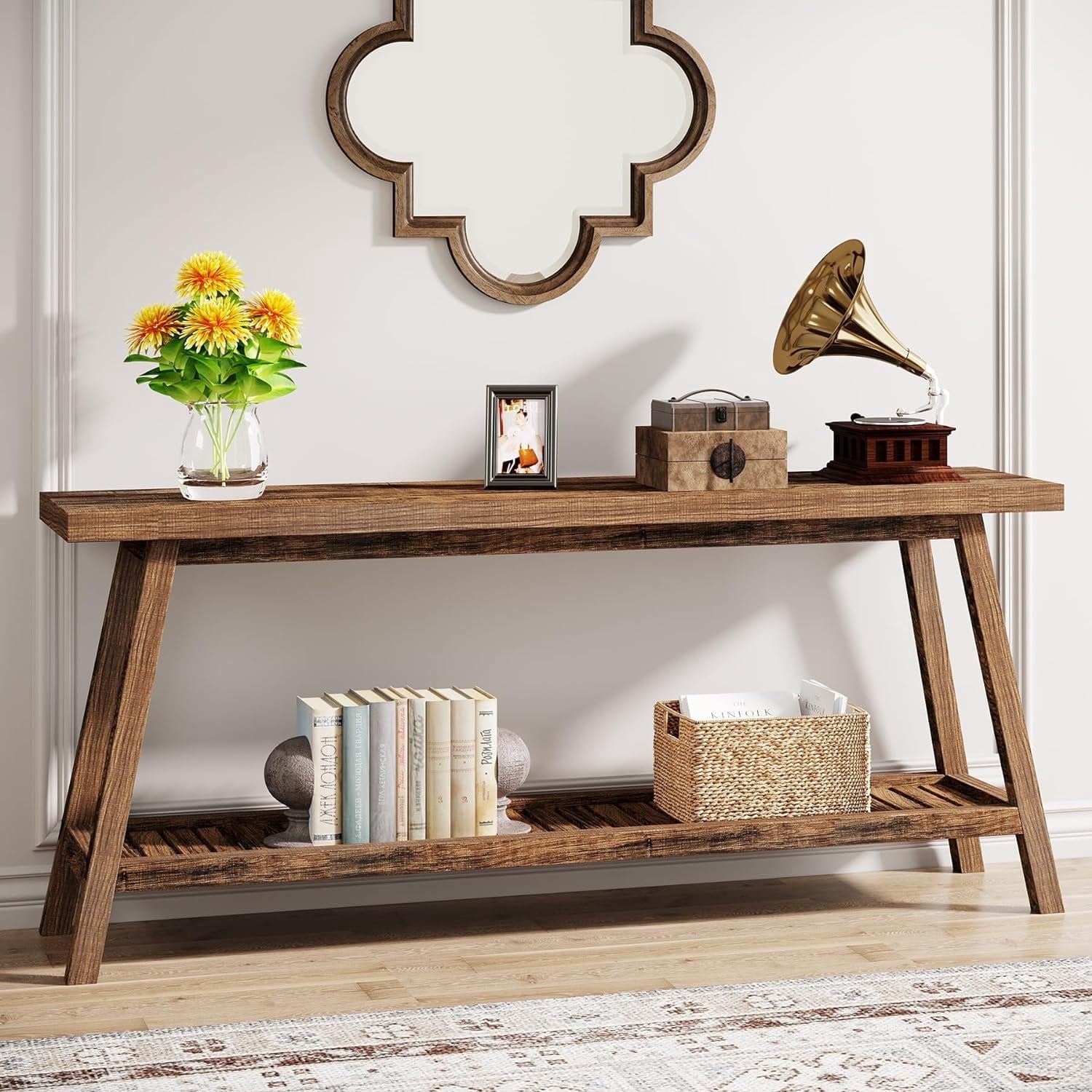 Tribesigns Farmhouse Console Entryway Table, 70.9" Extra Long 2-Tier Narrow Wood Table for Hallway, Living Room, Entrance, Brown