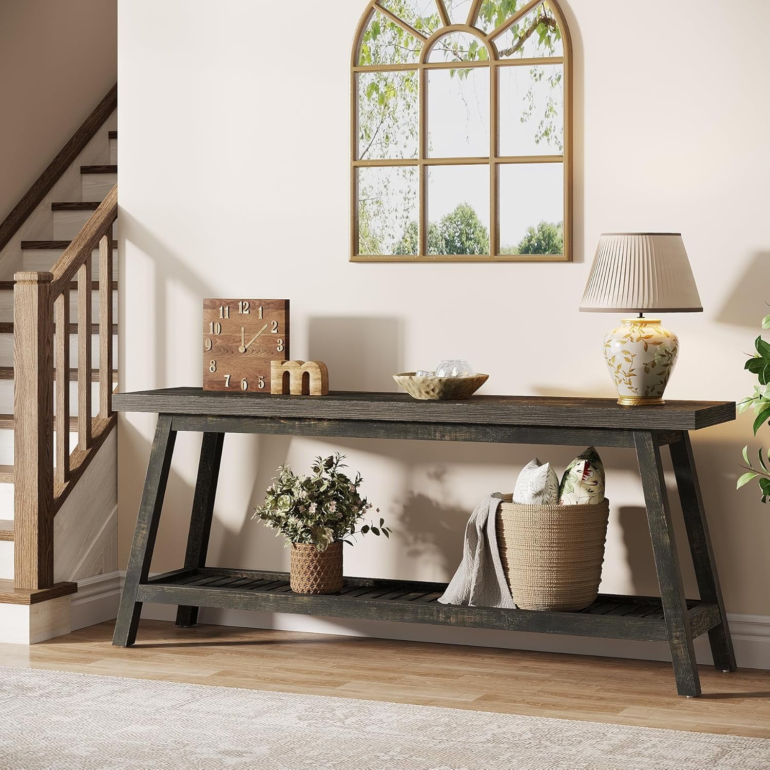 Tribesigns Farmhouse Console Entryway Table, 70.9" Extra Long 2-Tier Narrow Wood Table for Hallway, Living Room, Entrance, Dark Brown