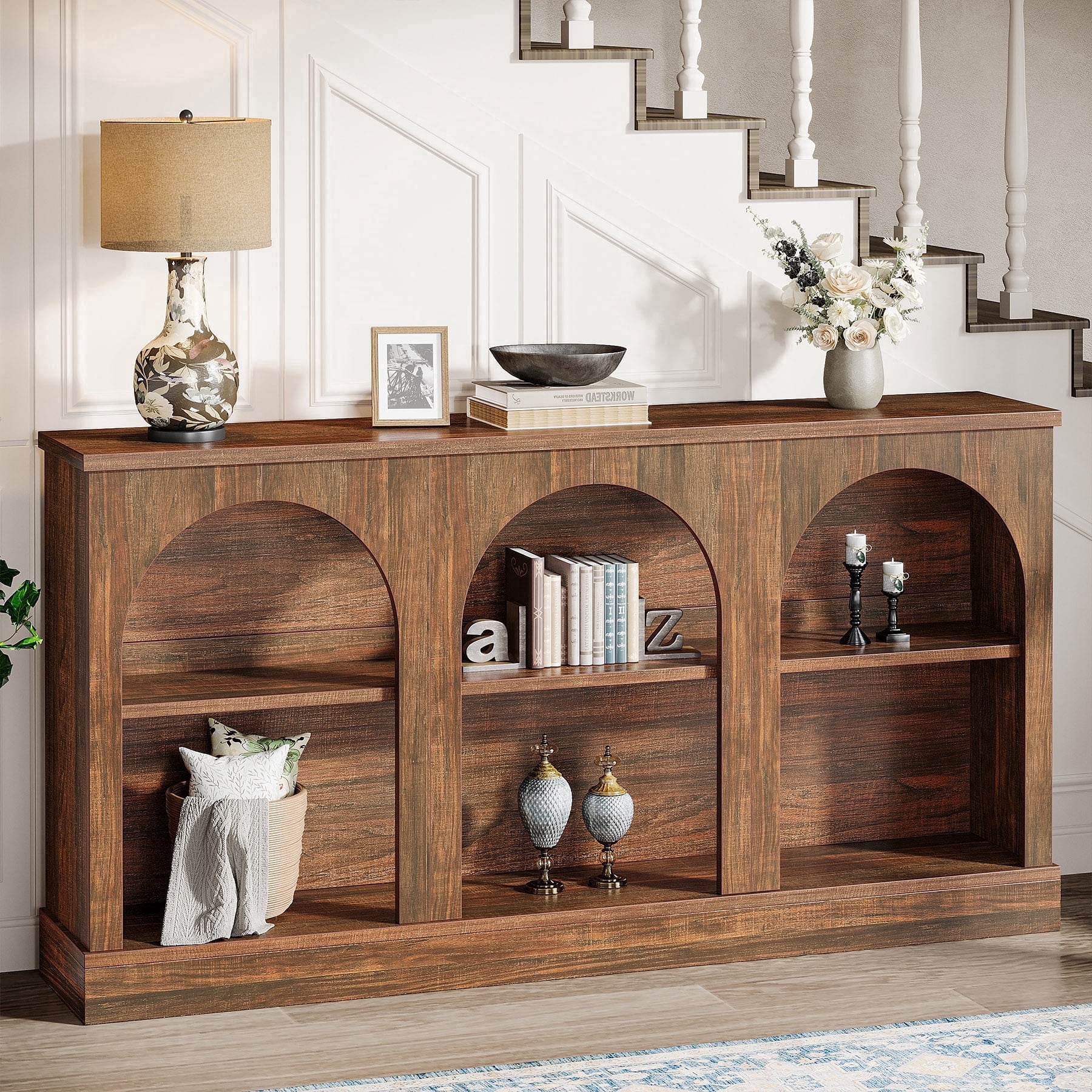 Tribesigns Farmhouse Console Table, 63-Inch 3 Tier Entryway Table with Storage, Wooden Rectangular Sofa Table Behind The Couch for Hallway, Dark Brown