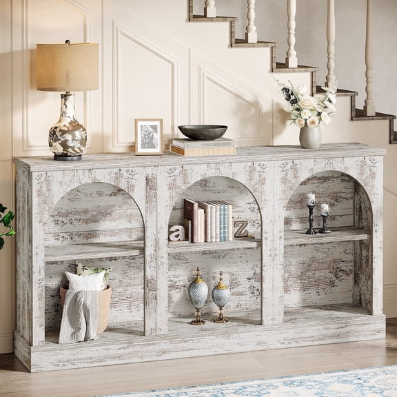 Tribesigns Farmhouse Console Table, 63-inch 3 Tier Entryway Table with Storage, Wooden Sofa Console Behind the Couch for Hallway, Distressed White