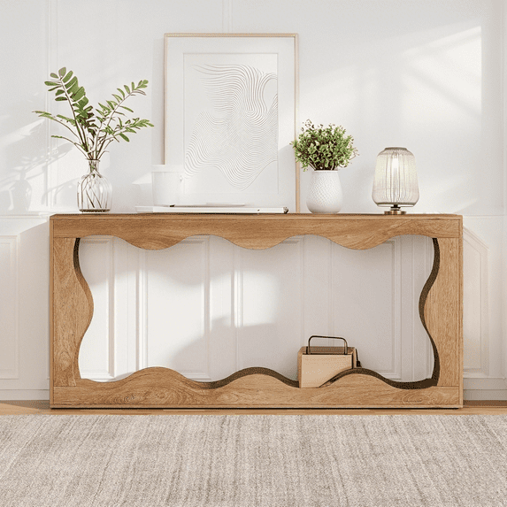 Tribesigns Farmhouse Console Table, 63-Inch Scalloped Console Table, Industrial Wooden Wavy Console Table with Storage for Entrance, Living Room (Wood Grain)