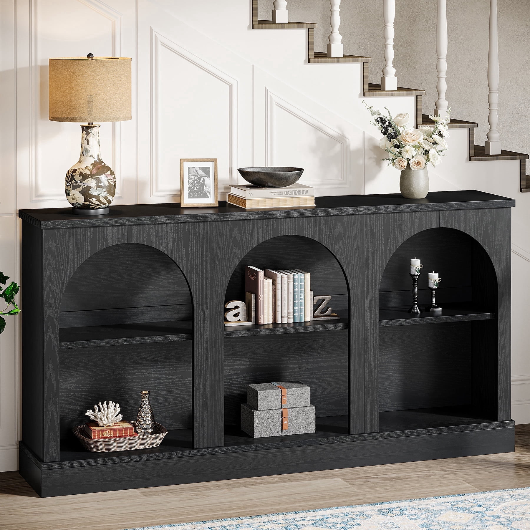 Tribesigns Farmhouse Console Table, 63-inch 3 Tier Entryway Table with Storage, Wooden Sofa Console Behind the Couch for Hallway, Black