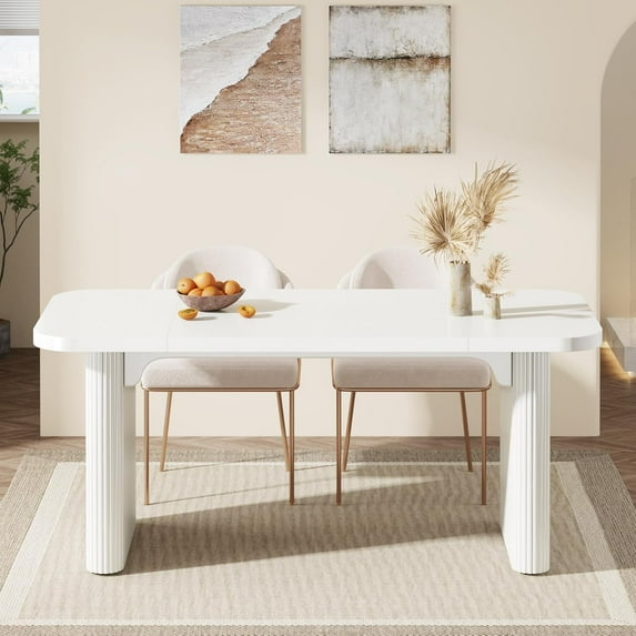 Finmind Farmhouse Dining Table for 4-6, Rectangular Wood Kitchen Table with Double Pedestal, 62-Inch Dinner Table for Dining Room, Living Room (White, Only Table)