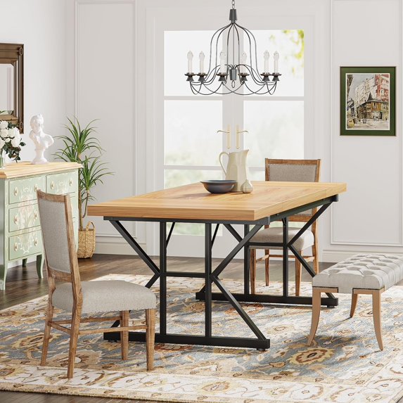 Tribesigns Farmhouse Dining Table for 6, 71" Rectangular Wood Kitchen Table (Light Walnut/Black)