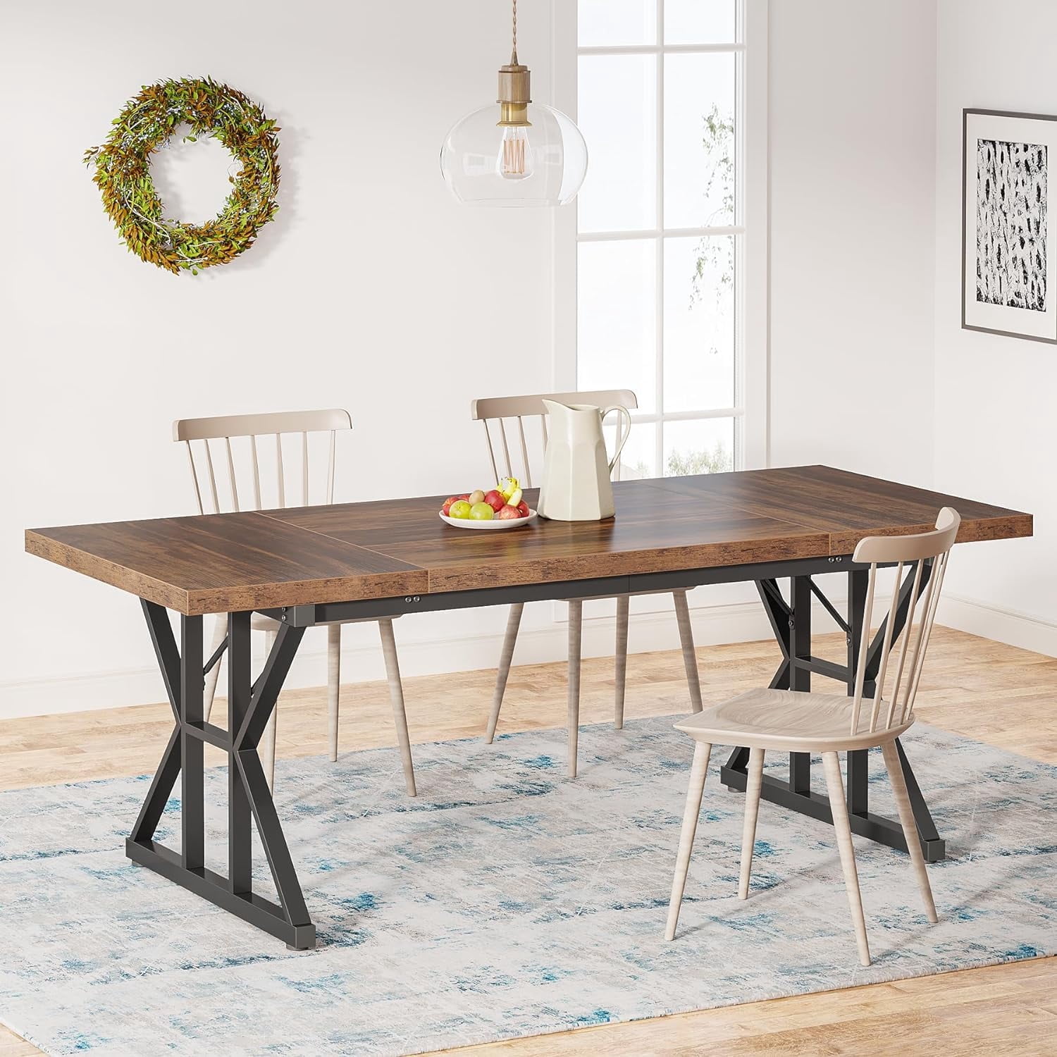 Finmind Farmhouse Dining Table for 6, 71" Rectangular Wood Kitchen Table for Dining Room, Kitchen(Brown/Black)