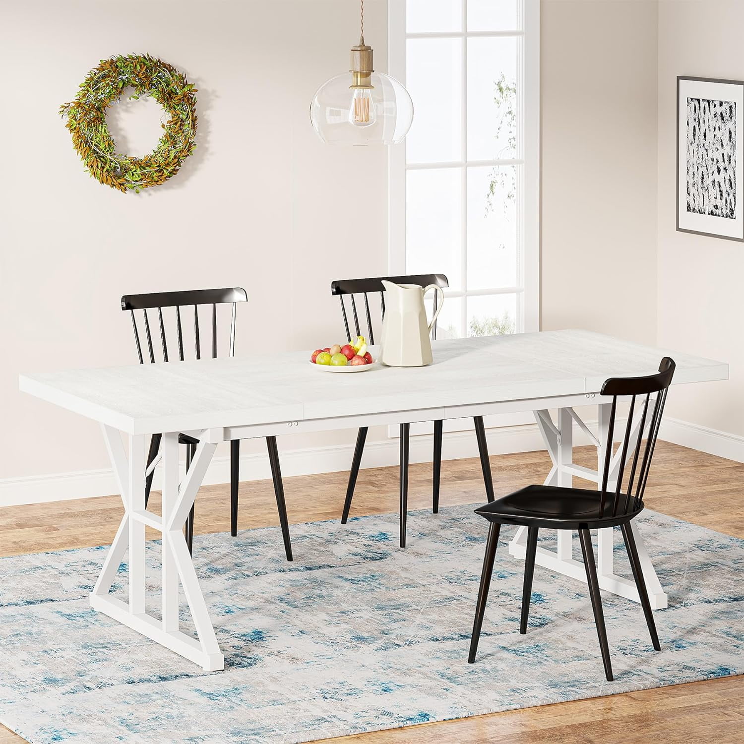 White Farmhouse 71-Inch Rectangular Wood Dining Table for Six