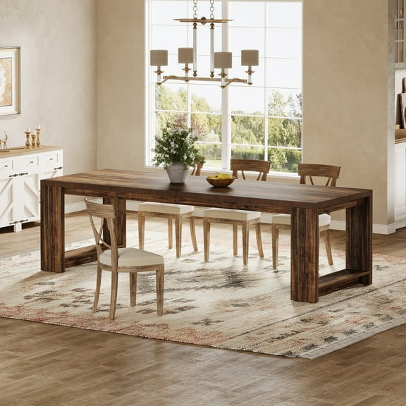 Tribesigns Farmhouse Dining Table for 6-8, 86 Inch Long Narrow Kitchen Table with Wood Pedestal Base for Living Room, Kitchen, Rustic Brown