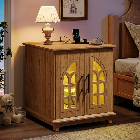 Tribesigns Farmhouse End Table with Charging Station & LED Light, 23.6" Large Sofa Side Table with Storage,Brown