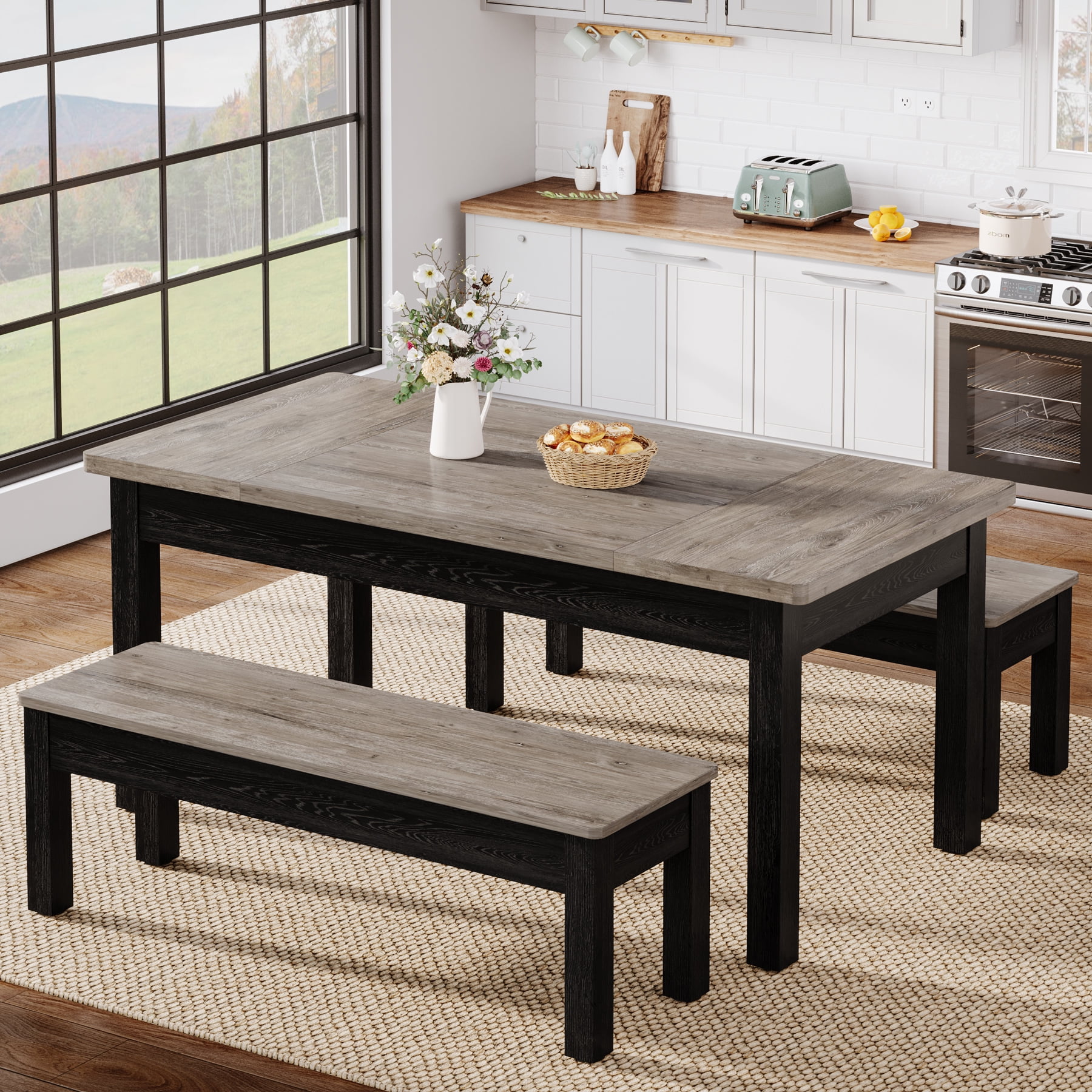 Tribesigns Farmhouse Kitchen Table Set for 4-6, 55-Inch Wooden Dining ...