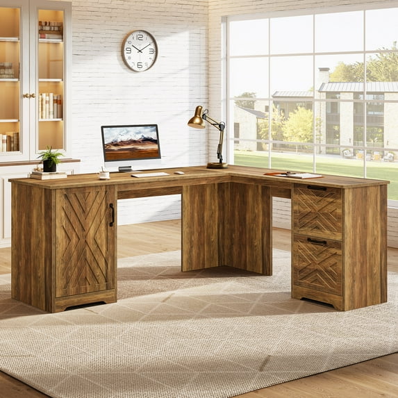 Tribesigns Farmhouse L Shaped Desk with Drawers, 63 Inch Large Executive Home Office Desk with File Cabinet and Drawers, Brown
