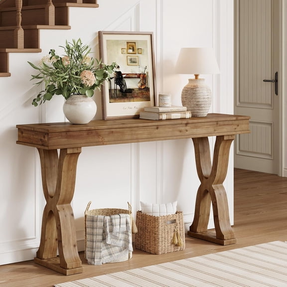 Tribesigns Farmhouse Solid Wood Console Table, 63-Inch Sofa Table with X-Shaped Legs, Entryway Table for Living Room, Brown