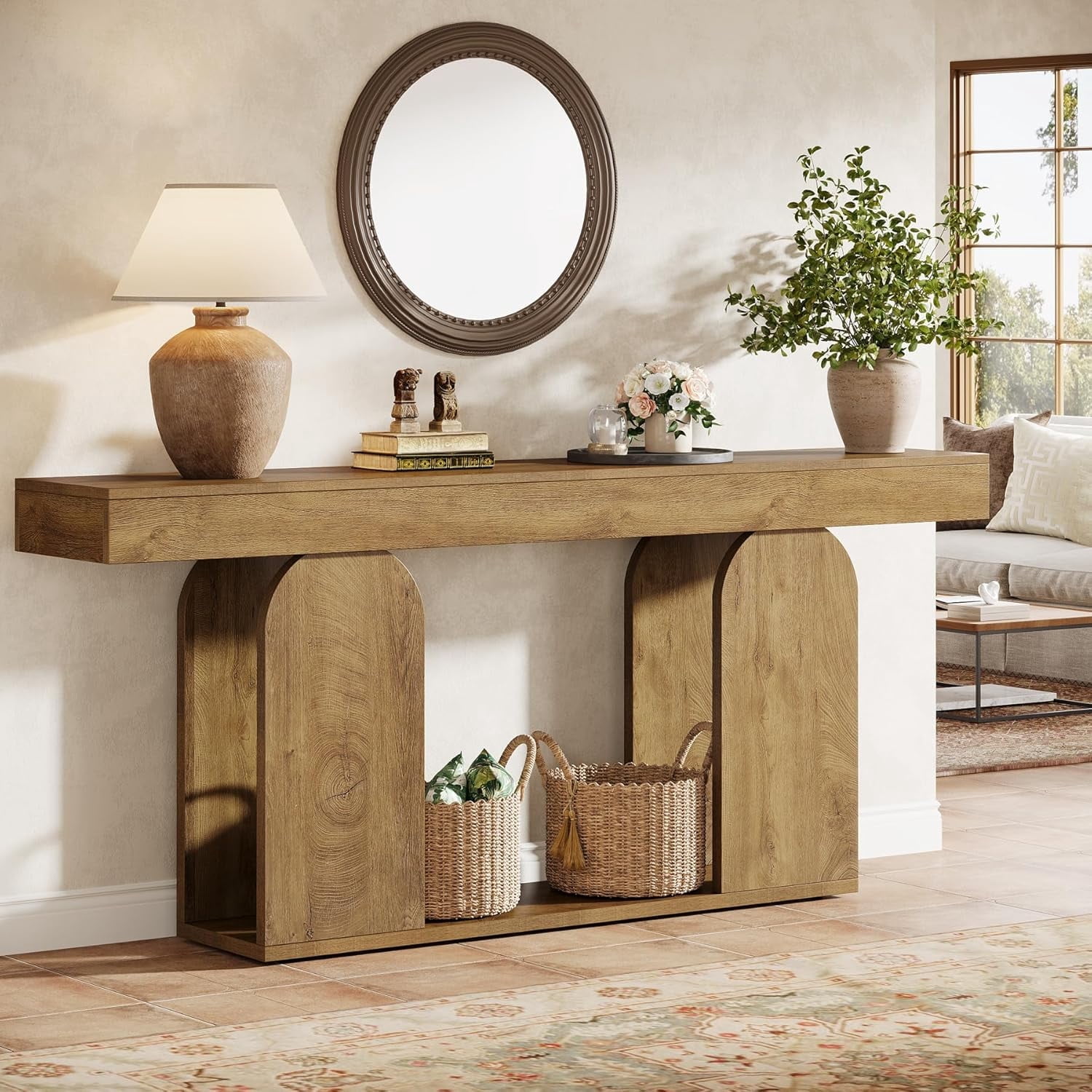 Finmind Farmhouse Wood Console Table, 70.9-Inch Entryway Accent Table with U-Shaped Base