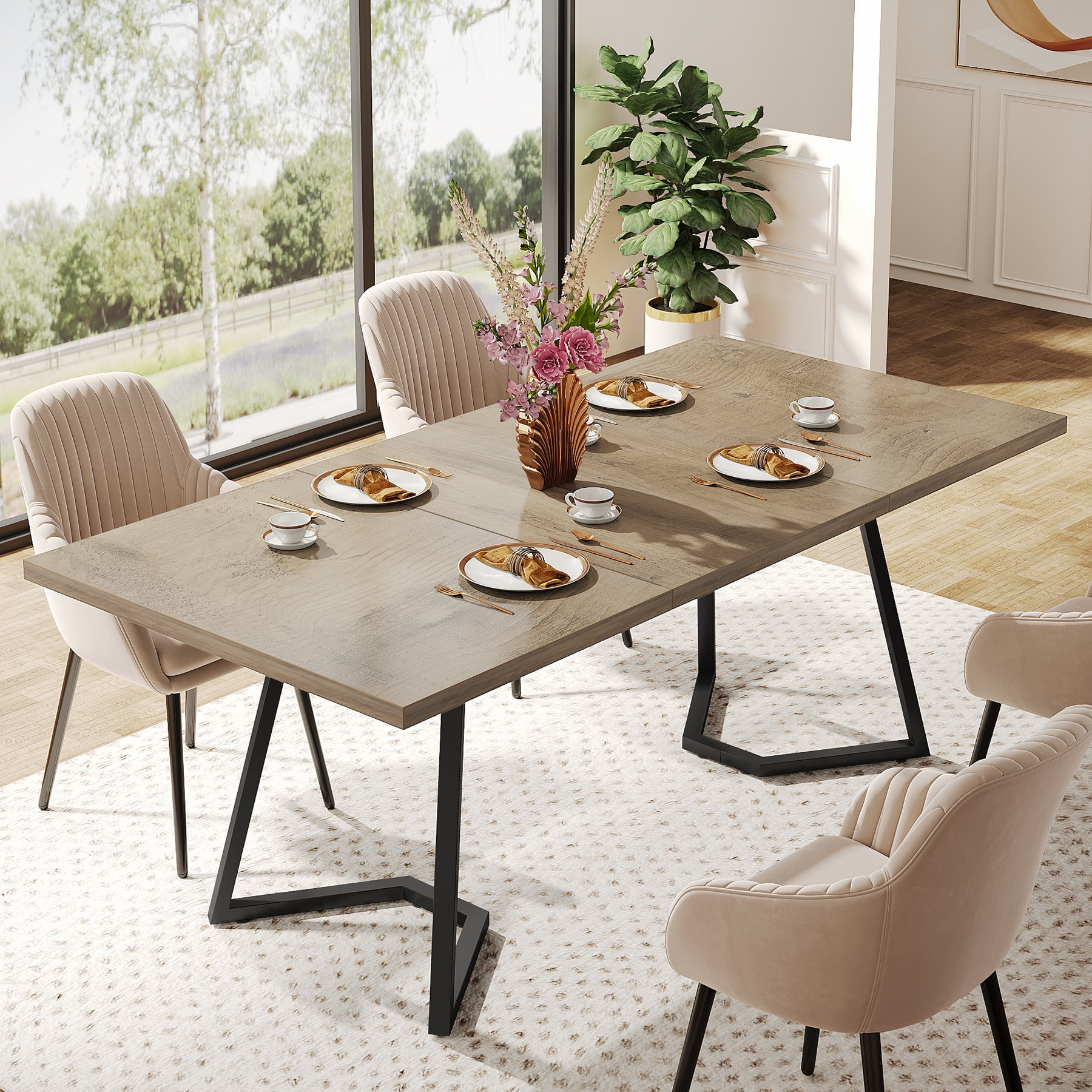 Tribesigns Farmhouse Wood Dining Table: 55 Inches Grey Dinner Table ...