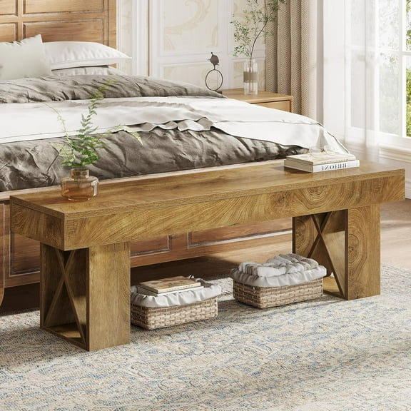 Tribesigns Farmhouse Wooden Shoe Bench, 55" Long Entryway Bench, Farmhouse Wooden Indoor End of Bed Stool for Hallway