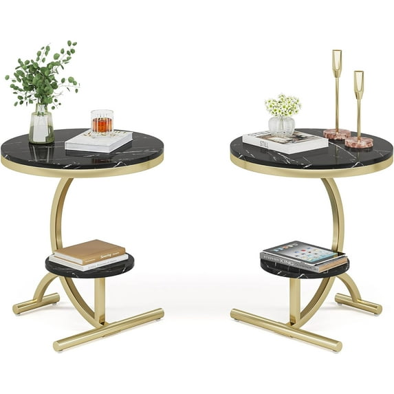 Tribesigns Faux Marble End Table Set of 2, 2-Tier Round Sofa Side Table, 20” Beside Table with Storage Shelf C-Shaped Base Metal Legs