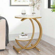 Tribesigns Faux Marble Side Table, Modern 2-Tier Round End Table for Living Room Bedroom, White/Gold