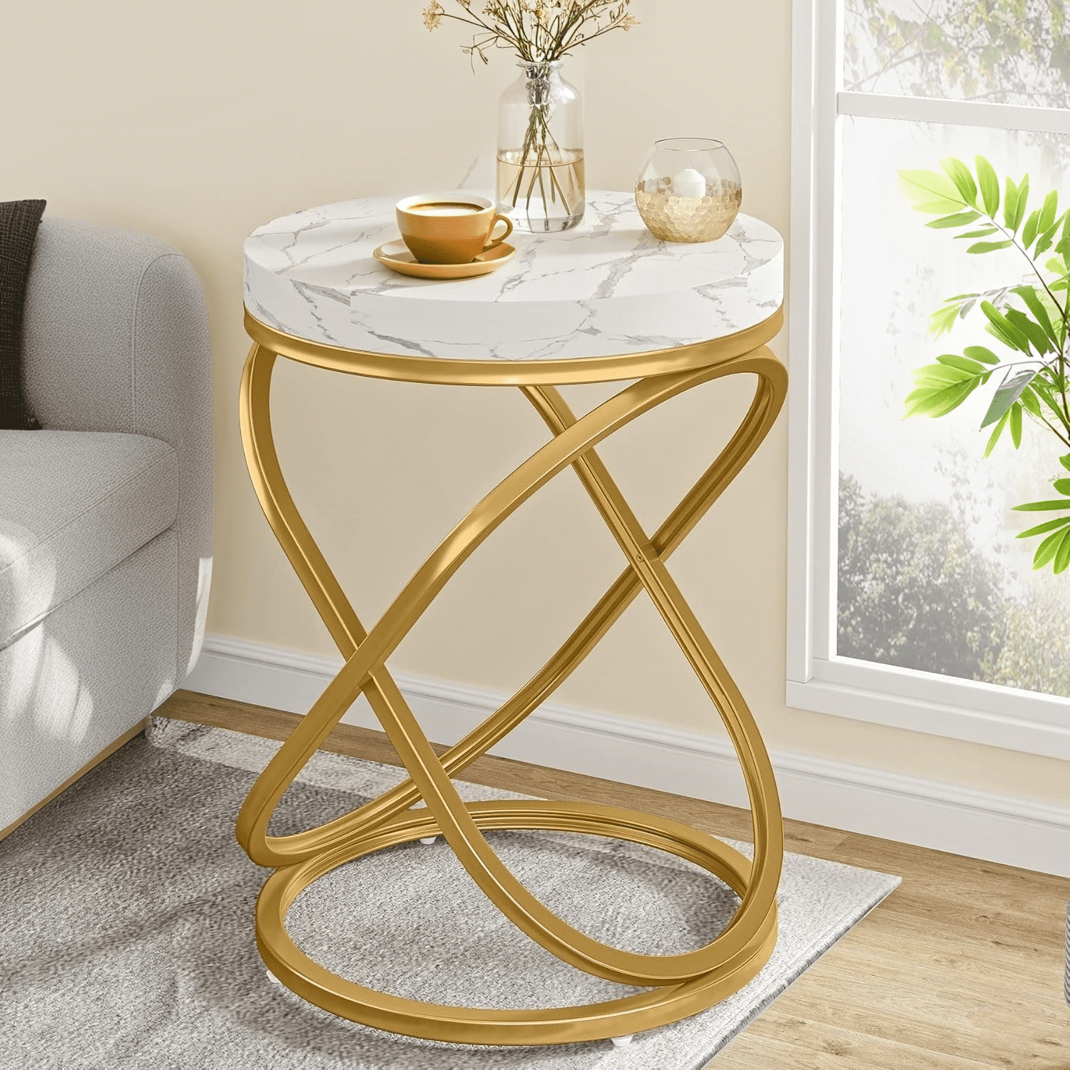 26'' White and Gold Faux Marble Top Round End Table