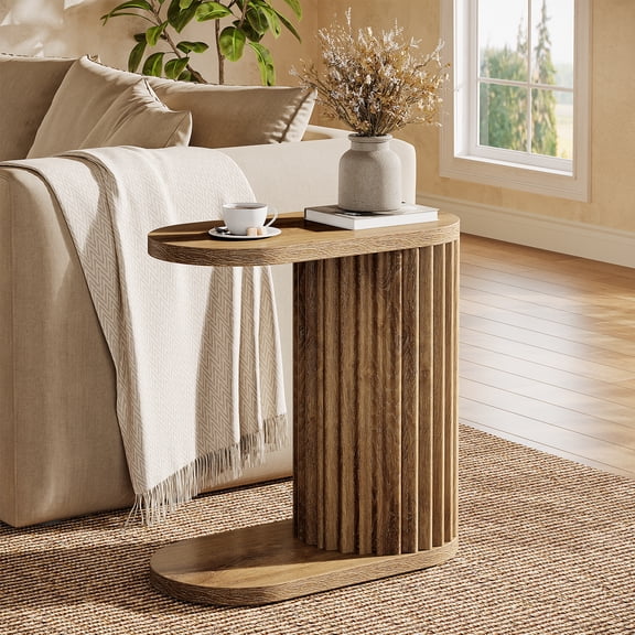 Tribesigns Fluted C-Shaped End Table, Modern Narrow Side Table for Couch, Rustic Brown Accent Nightstand for Living Room Bedroom