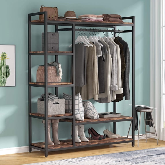 Tribesigns Free-standing Closet Organizer Garment Rack with 6 Storage Shelves and Hanging Bar