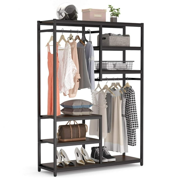 Tribesigns Free-standing Closet Organizer with 2 Hanging Rod, Garment Rack with 5 Storage Shelves for Bedroom