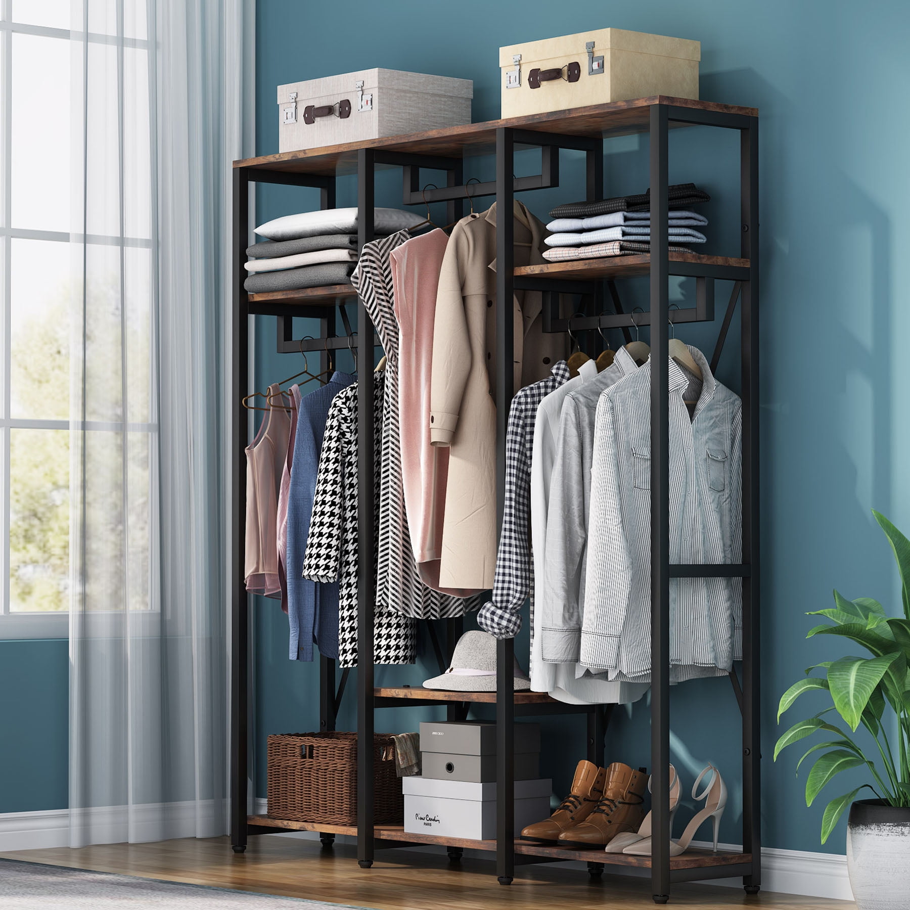 Tribesigns FreeStanding Closet Organizer Industrial 3 Rod Garment Rack with 4 Tier Sttorage Shelf Walmart