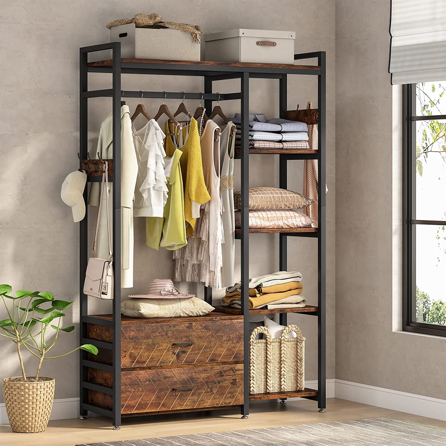 Tribesigns Heavy Duty Freestanding Closet Organizer with Drawers and Shelves Wood Wardrobe Storage for Bedroom Walmart