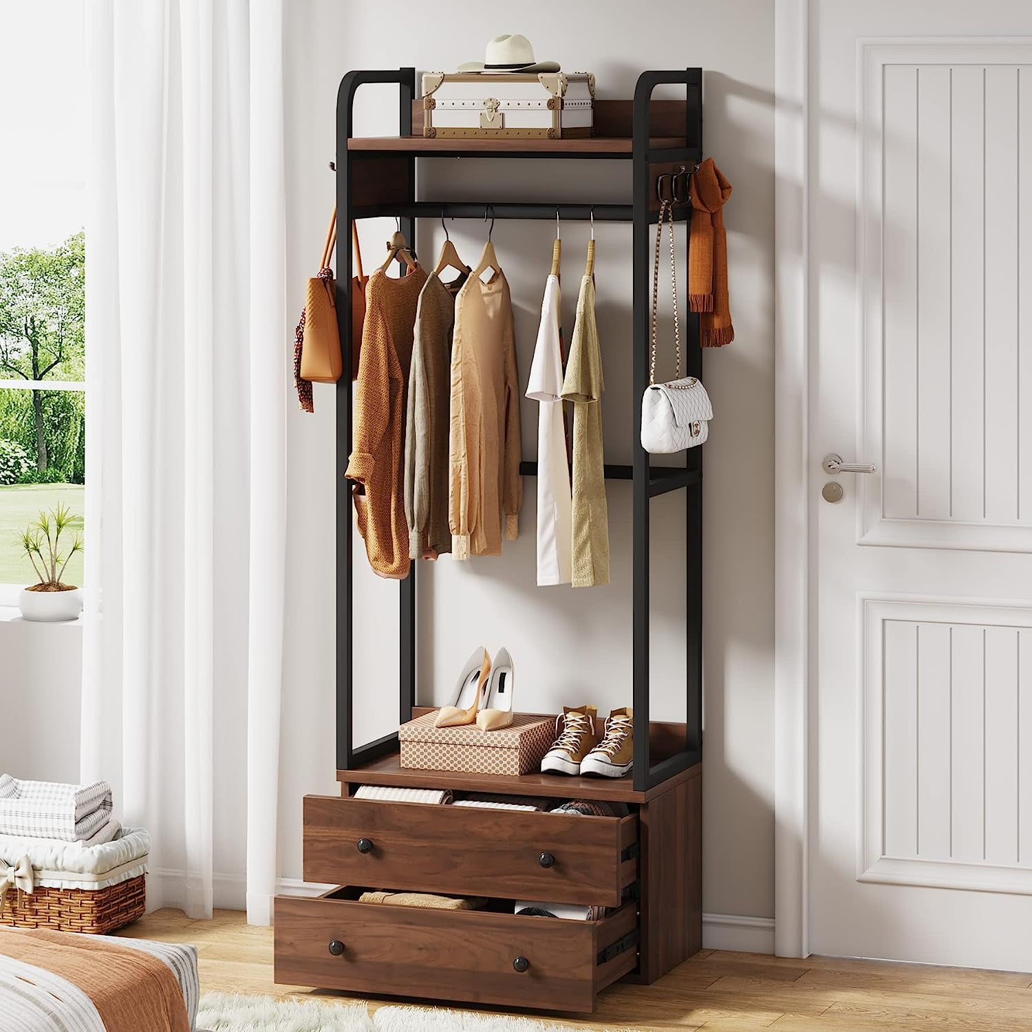 Tribesigns Freestanding Closet Organizer, Small Clothes Rack Coat Rack with  2 Drawers and Shelves for Entryway, Bedroom, Brown 