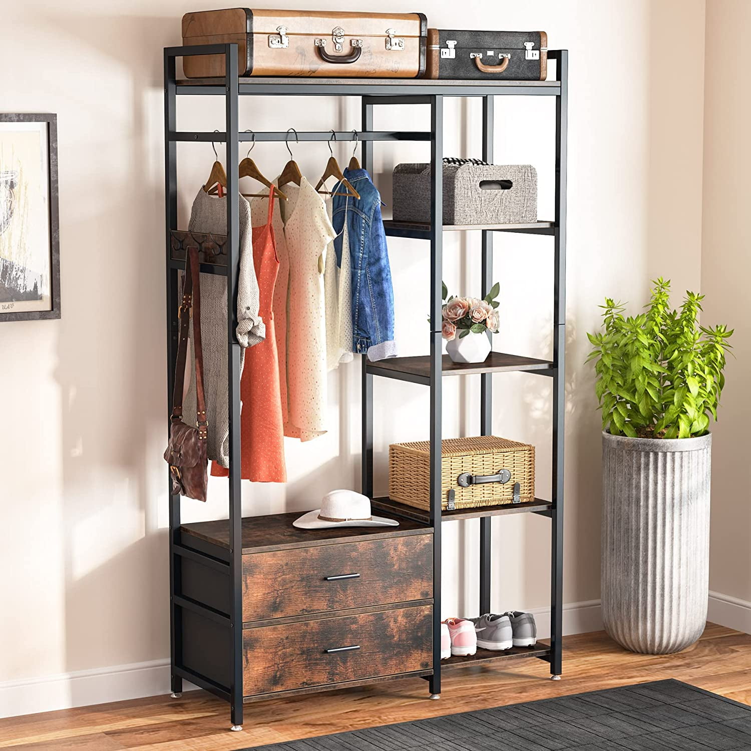 Free-standing Closet with Hooks, metal Clothes Garment Rack with