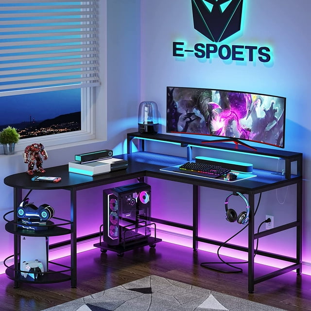 Tribesigns Gaming Desk with LED Strip & Power Outlets, L Shaped ...