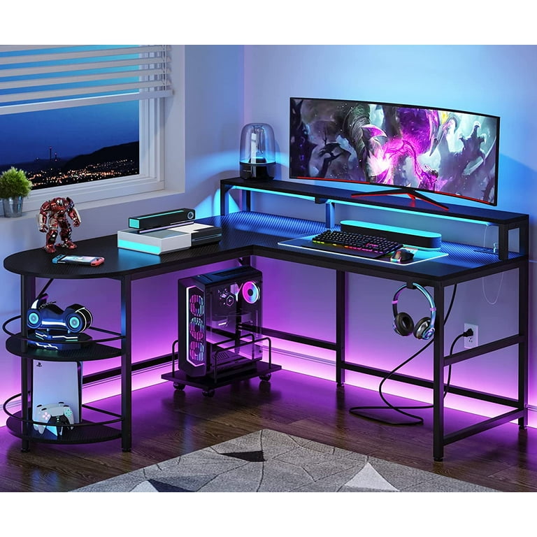 Tribesigns Gaming Desk with LED Strip & Power Outlets, 55 L Shaped  Computer Corner Desk with Monitor Stand and Shelves, Black 