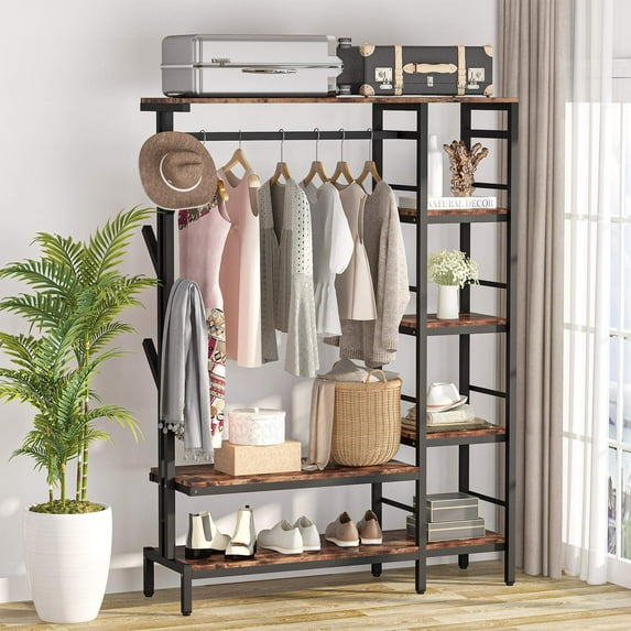 Tribesigns Garment Rack with 4-Tier Storage Shelves and 4 Hooks, Closet Organizer Coat Rack with Hang Rod for Bedroom