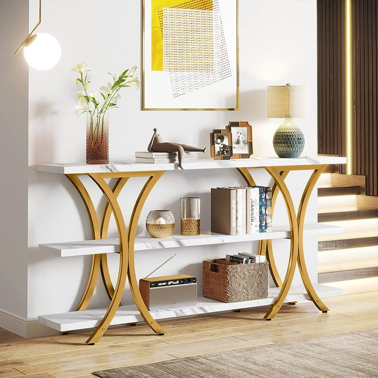 Tribesigns Gold Console Sofa Table for Living Room Faux Marble Entryway Table with 3 Tier Shelves for Hallway White Gold