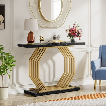 Tribesigns Gold Console Table, Faux Marble Entryway Table Narrow Sofa Table with Geometric Metal Base, 40 Inch Modern Accent Table Entrance Table for Living Room, Hallway, Foyer, Black and Gold