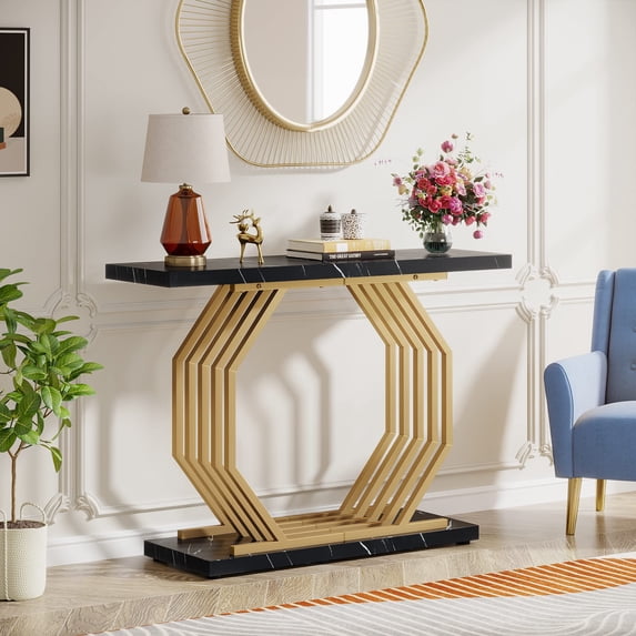 Tribesigns Gold Console Table, Faux Marble Entryway Table Narrow Sofa Table with Geometric Metal Base, 40 Inch Modern Accent Table Entrance Table for Living Room, Hallway, Foyer, Black and Gold