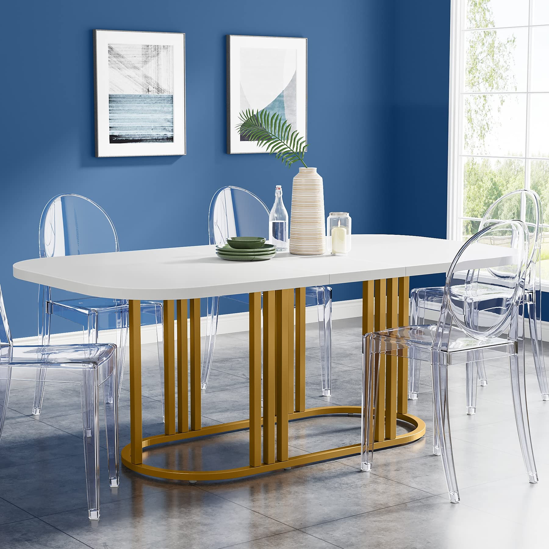 Tribesigns Gold Dining Table for 6, 71” Modern White Kitchen Table with Heavy Duty Oval-Shaped ...