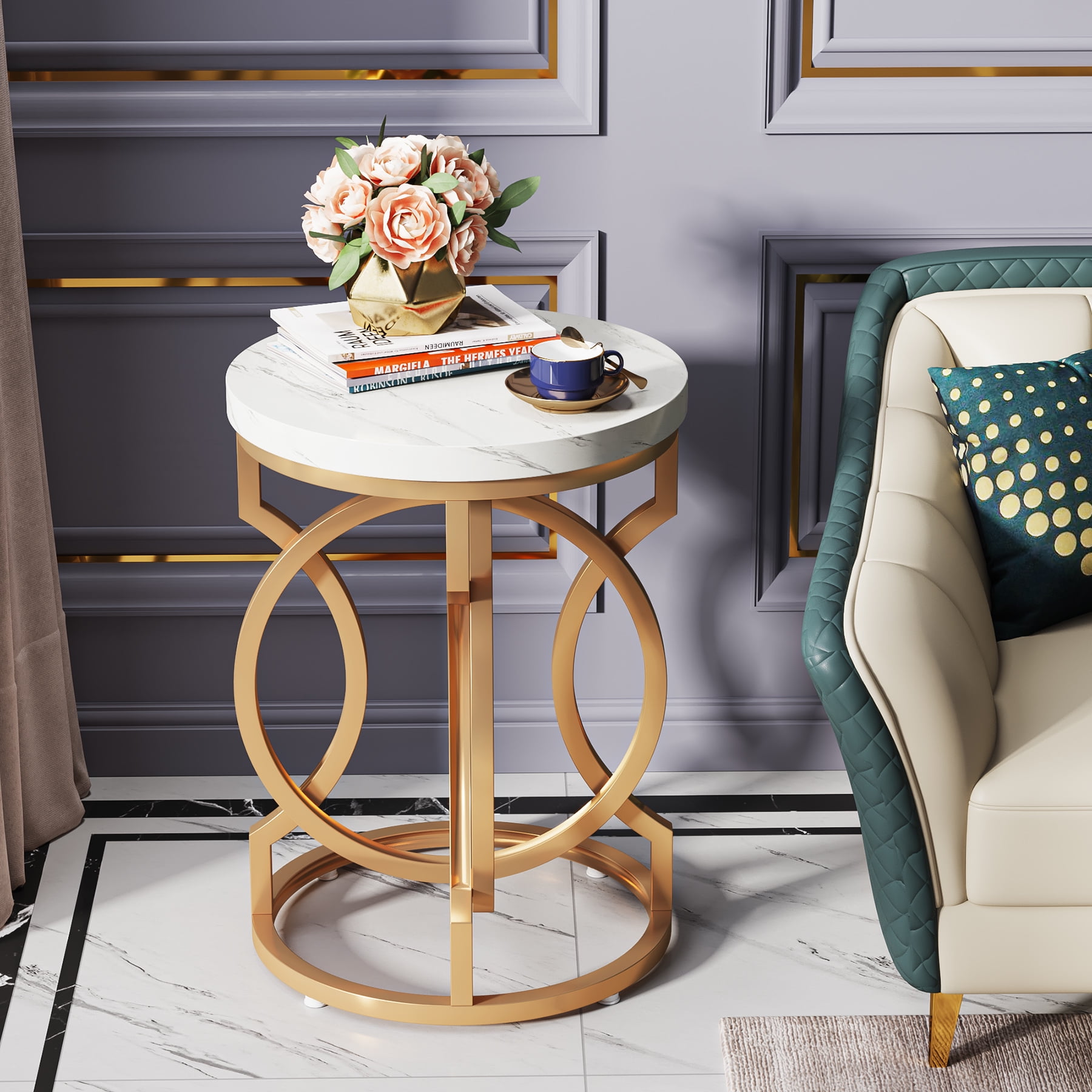 Tribesigns Gold End Table Round Side Table with Faux Marble Top Modern Nightstand Bedside Table Coffee Accent Table with Unique Gold Ring Shape