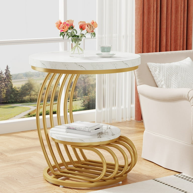 Tribesigns White Gold 2 Tier Round End Table Faux Marble Side Table with Shelf Metal Frame for Living Room Bedroom Walmart