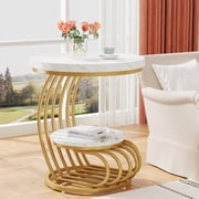 Tribesigns Gold Round End Table, 2 Tiers Faux Marble Side Table with Storage Shelf, Metal Arc-Shaped Frame Accent Table for Living Room, Bedroom