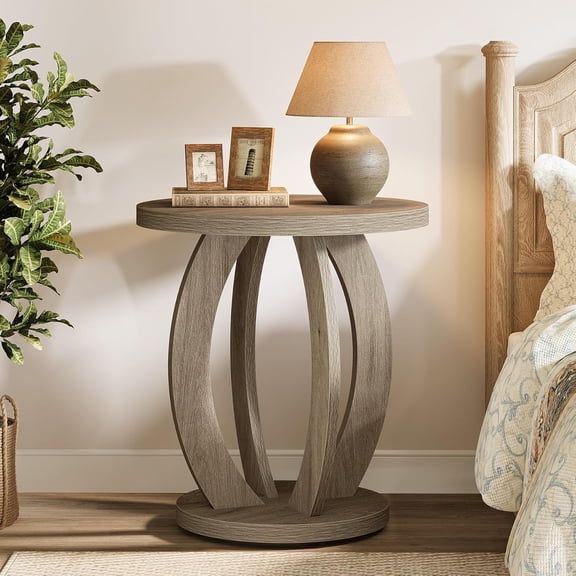 Tribesigns Gray 0 Drawer Round Wood Nightstand Large Bedside Table End Table Farmhouse Night Stand with Storage for Bedroom (Set of 2)