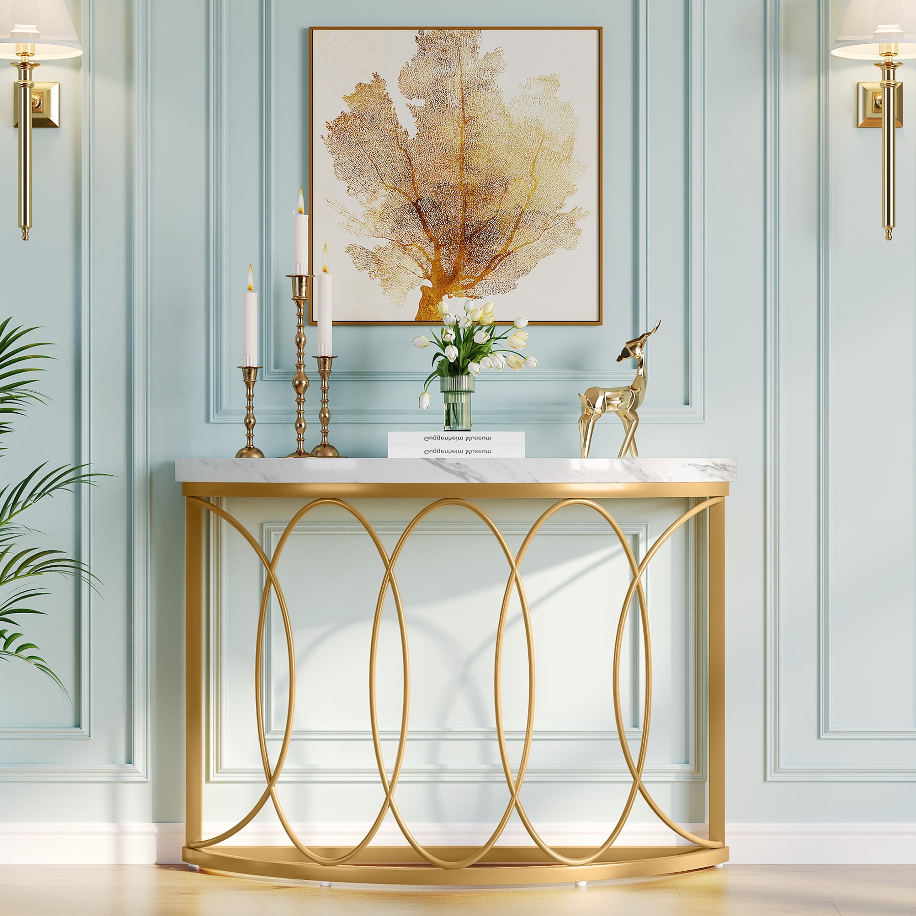 43" White Faux Marble and Gold Metal Half Moon Console Table
