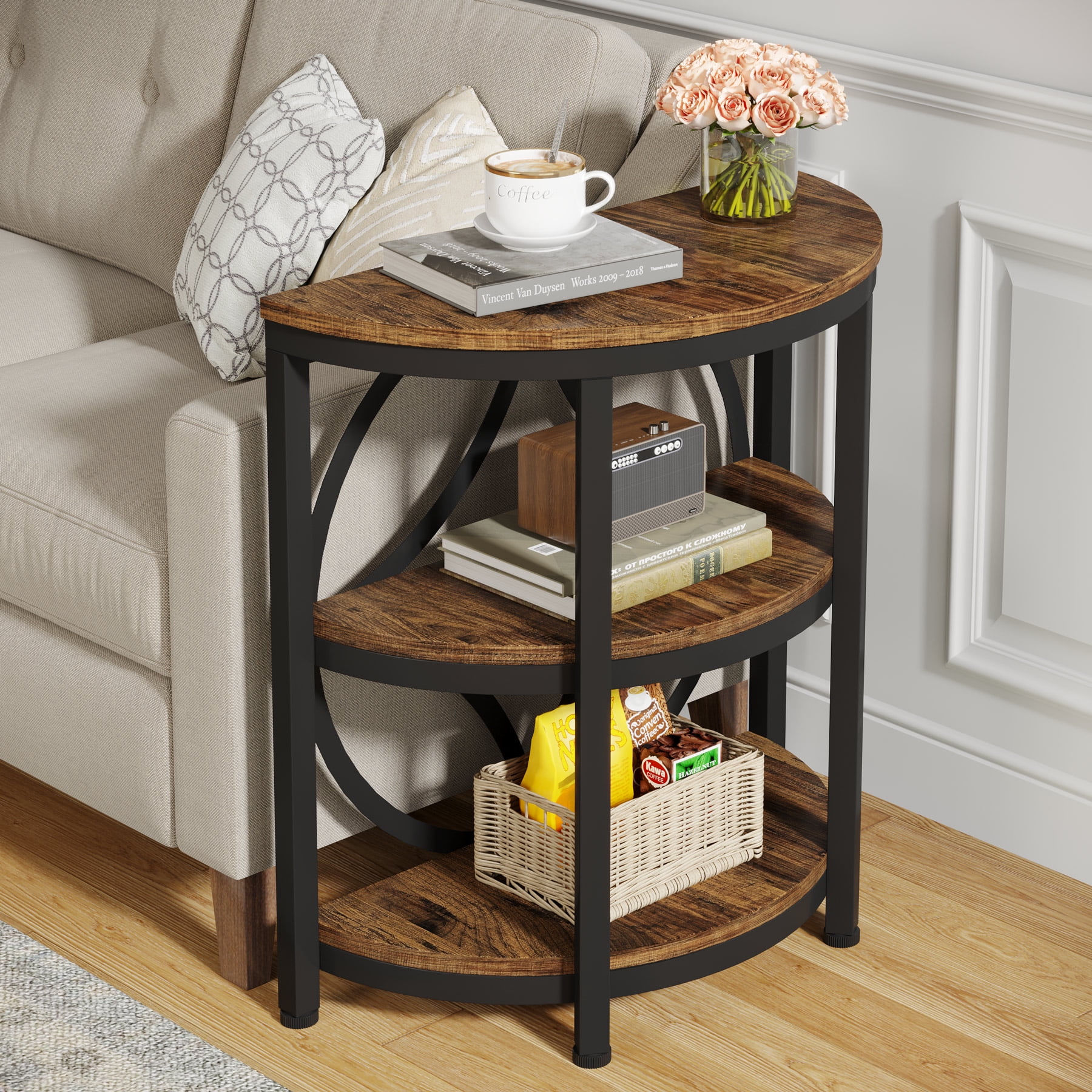 Tribesigns Half Round End Table, 3Tier Narrow Side Table with Metal