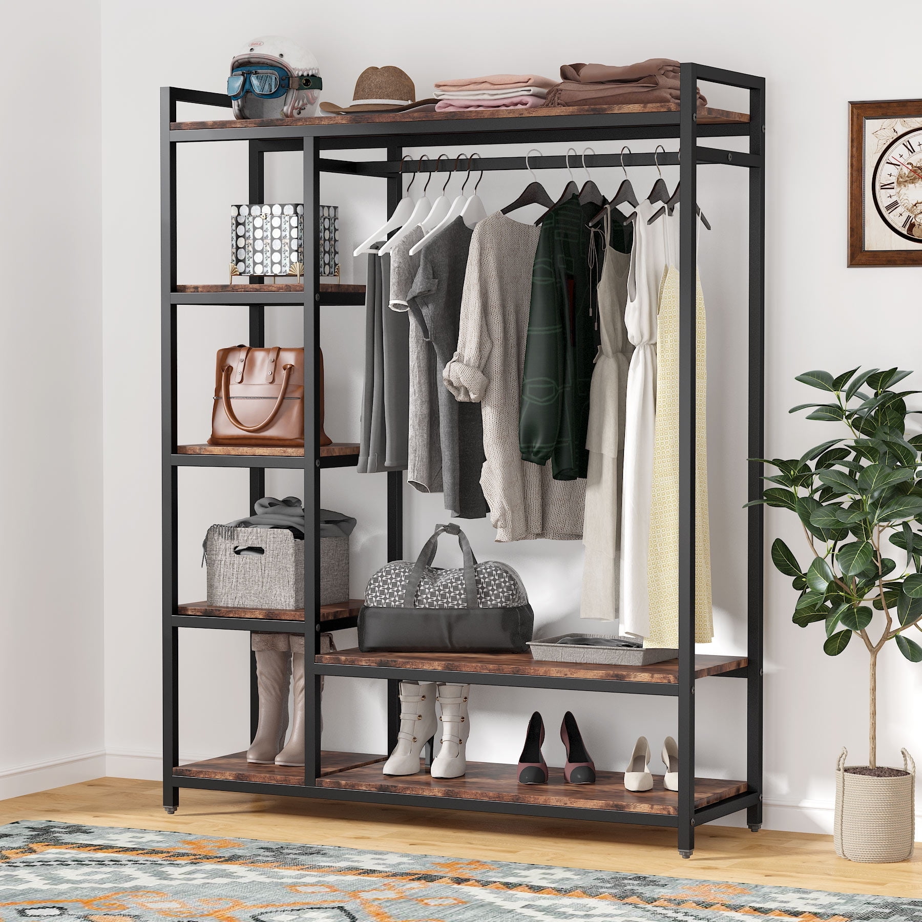 Tribesigns Heavy-Duty Free Standing Closet Rack - Rustic Wood & Metal ...