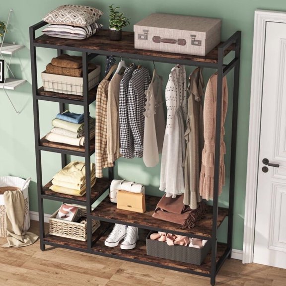 Tribesigns Heavy-Duty Free Standing Clothes Rack - Wood & Metal Garment Rack with Shelves, 350lb Capacity Wardrobe Organizer for Bedroom/Closet (Brown)