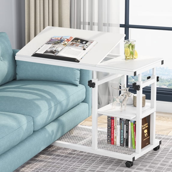 Tribesigns Height Adjustable C Table with Wheels, Mobile Couch Side Table with Tiltable Drawing Board, Sofa Bedside Laptop Stand C Shaped TV Tray with Storage Shelves, White